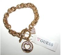 Nuovo-Oro Tono Guess Catena W/ Cuore Cristallo & Logo Ciondoli Donna Bracciale