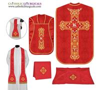 NUOVO paramento rosso romano casula violino e set massa, ricamo Agnus Dei