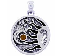 Nuovo Pendente In Argento Sterling 0.925 Con Sole, Luna E Stelle Con Granato