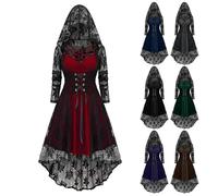 Nuovo Pizzo Vestito Halloween Donna con cappuccio Abito Gotico Donna Doppio orlo Abiti Medievale con Coulisse Vestiti Curvy Vintage Manica Lunga Steampunk Abbigliamento per Halloween Costume Cosplay