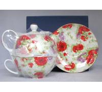 Nuovo Rosso Rosa E Fiori Viola Sorelle Mano Porcellana Teiera, Tè Tazza + Saucer