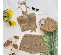 Nuovo set a due pezzi in maglia con top a collo alto con fiori e pantaloncini, adatto per feste, appuntamenti, San Valentino, Pasqua, carnevale, pomeriggio del tè, spiaggia, crociera, vacanza in città