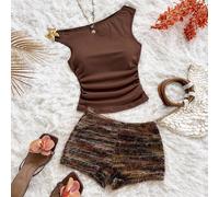 Nuovo set casual da 2 pezzi per donne, adatto per vacanze, matrimoni sulla spiaggia, lauree, San Patrizio, primavera, Pasqua, festival musicali, elegante stile boho tropicale, in maglia marrone con te
