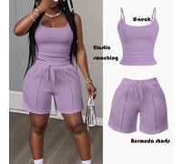 Nuovo set casual da donna a due pezzi per primavera ed estate, composto da canotta con scollo a U e bretelle + pantaloncini con strisce decorative, stile sportivo di base, colore bianco L,M,S,XL,XS,XX