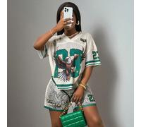 Nuovo set casual primavera/estate, stile sportivo da strada, Maglietta verde con stampa slogan e aquila maniche raglan a V scollo, morbida e larga, + shorts arancione in rete, due pezzi per donna L,M,