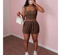 Nuovo set da 2 pezzi per l'estate: canotta casual e basic con scollo quadrato e pantaloncini aderenti con cordoncini, righe, tasche, cerniera invisibile, effetto lavato acido, adatto per festival musi