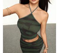 Nuovo set da donna sexy composto da top a canotta con stampa a rete e lacci, orlo irregolare + gonna lunga a vita elastica. Top con laccio davanti e gonna lunga aderente, stile sexy da vacanza in spia