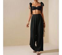 Nuovo set da spiaggia primaverile ed estivo casual da vacanza, composto da top corto con colletto a cuore, spalline a fiocco e fascia sul petto + pantaloni a zampa larga, in tessuto strutturato, color