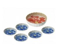 Nuovo set di 5 piatti giapponesi Peony Mino Ware grande rosso e 5 piatti blu ...