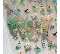 Nuovo set di decorazioni per unghie primaverili ed estivi dallo stile cinese romantico, con paesaggio con fiori di loto e foglie di loto, decorato con rilievi tridimensionali ad inchiostro e fili flor