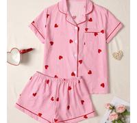 Nuovo set pigiama estivo da donna con maniche corte a sbuffo, stampa a righe e cuori, resistente e non deformante, lavabile in lavatrice e facile da pulire, stile dolce e pigro per il tempo libero quo