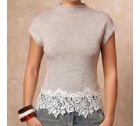 Nuovo top in maglia color avena con maniche corte, collo alto e patchwork in pizzo, versatile per l'uso quotidiano e per eventi di gala, lusso discreto con un tocco da festa, autunno/inverno L,M,SPian