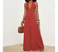 Nuovo tuta estiva casual da vacanza boho, ampia e sciolta, con scollo a V rosso-marrone, collo alla halter, schiena scoperta, gamba ampia, adatta per uso quotidiano, viaggi, vacanze, spiaggia, stile n