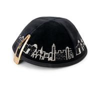 Nuovo Velluto Nero Ricamato Gerusalemme Città Walls Kippah Israele Judaica
