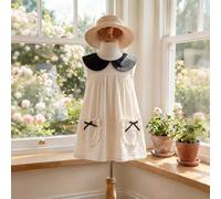 Nuovo vestito da bambina in stile francese con colletto Peter Pan, a-line bianco con contrasto di colore, con due tasche carine, dolce e casual, alla moda e adorabile, adatto per la scuola, il gioco e