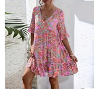 Nuovo vestito midi stile boho con scollo a v, stampa floreale, casual, stile europeo e americano, per il commercio elettronico transfrontaliero, per le donne d'estate 1XL,2XL,3XL,4XL,5XLstampa dappert