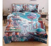 Nuphtun Completo Letto Matrimoniale 200x200 Città Celeste, Stampa 3D Vivaci e Nitidi con 2 Federe | Microfibra Durevole e Facile da Curare, Trasforma il Tuo Letto in un'Opera d'Arte W235