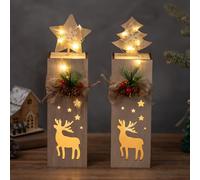 Nuptio Decorazione Natale Renna in Legno Davanzale della Finestra 2 Pezzi LED Decorazione Colonna Legno Natale Indoor Alce Decorazioni di Natale Natale Inizio E Albero Regalo (Batterie Non Incluso)