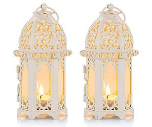 NUPTIO Lanterne da Interno Candele Tealight: 2 Pezzi Lanterne Marocchino | Piccolo Portacandele Bianco in Metallo con Pannelli in Vetro Trasparente Decorazione da Tavolo per Esterni Natale Matrimoni