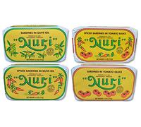 NURI Portoghese Sardines Variety Pack | Confezione da 4 pezzi | Uno di ciascuno | Olio di oliva puro, olio di oliva speziato, olio di pomodoro e olio d'oliva e pomodoro speziato e olio d'oliva