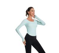 Nutria Maglietta da Donna Palestra Crop Top Corto Sportivo Maglietta Sportiva da Yoga a Maniche Lunghe Girocollo Leggera con Foro per il pollice Camicia da Allenamento Traspirante D07, verde giada, L
