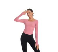Nutria Maglietta da Donna Palestra Crop Top Corto Sportivo Maglietta Sportiva da Yoga a Maniche Lunghe Girocollo Leggera con Foro per il pollice Camicia da Allenamento Traspirante D07, rosa chiaro, L