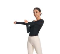 Nutria Maglietta da Donna Palestra Crop Top Corto Sportivo Maglietta Sportiva da Yoga a Maniche Lunghe Girocollo Leggera con Foro per il pollice Camicia da Allenamento Traspirante D07, Nero, S