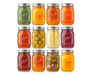 NutriChef 12 Barattoli Vetro con Coperchio 473 ml, Contenitore Miele, per Marmellata, Candele e Conserve, Vetro Spesso con Coperchio in Acciaio Inox