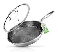 NutriChef 12" Padella in Acciaio Inox - Padella Wok Tripla con Rivestimento Antiaderente DAKIN, Struttura a Nido d'ape Resistente ai Graffi con Trama Fiammeggiante