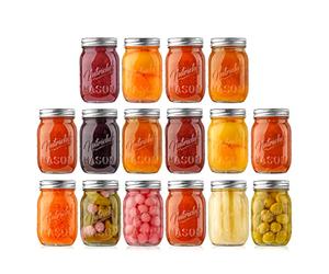 Nutrichef 16 Barattoli Vetro con Coperchio 473 ml, Contenitore Miele, per Marmellata, Candele e Conserve, Vetro Spesso con Coperchio in Acciaio Inox