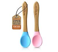 Nutrichef 2 Piece Baby & Toddler Spoon Set, All Natural Wooden Spoon Set w/Soft Curved Food Grade Silicone Head, Self-Feeding Utensils, BPA Free, Toddler & Child Tableware for ages 4 months- 6 years