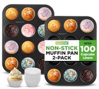 Nutrichef 2 teglie antiaderenti per muffin con 100 pirottini per cupcake in pergamena, in acciaio al carbonio, di grado professionale, resistenti e lavabili in lavastoviglie, 34,8 x 26,4 x 2,8 cm