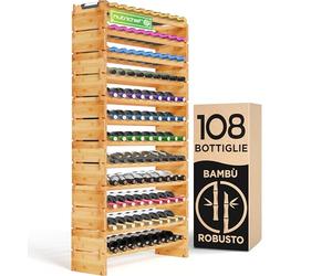 NutriChef Cantinetta per Vino Impilabile in Bambù, 12 Ripiani, Capacità per 108 Bottiglie, Libera Installazione, Nessun Utensile Necessario, Scaffale di Stoccaggio Modulare per Cucina e Cantina