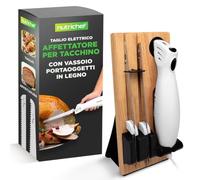 NutriChef Coltello Elettrico da Cucina per Carne e Pane, Affettatrice Portatile con Lame in Acciaio Inox con Base in Legno, Coltello Elettrico Taglia Tacchino, Formaggio e Frutta, Casa, Festa