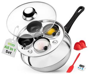 NutriChef Cuoci Uova 20 cm in Acciaio Inox, Set per Uova in Camicia con 4 Coppette Antiaderenti, Coperchio in Vetro, Timer, Guanto Forno e Spatola, Compatibile Induzione, Argento