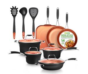 NutriChef Kitchenware Pots & Pans Luxury Kitchen Cookware, 3 Layers Copper Non-Stick Coating Inside, Hard-Anodized Looking Heat Resistant Lacquer Outside (14-Piece Set), One Size, Black