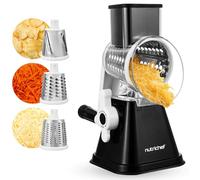 NutriChef Mandolina per Verdure 3 in 1 e Grattugia Formaggio per Cucina, Affetta Verdure con 3 Lame Intercambiabili, Base a Ventosa e Manovella con Blocco Sicurezza, Accessori Cucina, Nera