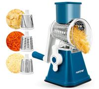 NutriChef Mandolina per Verdure 3 in 1 e Grattugia Formaggio per Cucina, Affetta Verdure con 3 Lame Intercambiabili, Base a Ventosa e Manovella con Blocco Sicurezza, Accessori Cucina, Blu