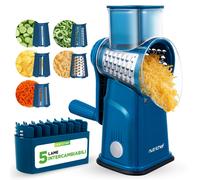 NutriChef Mandolina per Verdure 5 in 1 e Grattugia Formaggio per Cucina, Affetta Verdure con 5 Lame Intercambiabili, Manovella, Base a Ventosa e Contenitore, Accessori Cucina, Blu
