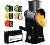 NutriChef Mandolina per Verdure 5 in 1 e Grattugia Formaggio per Cucina, Affetta Verdure con 5 Lame Intercambiabili, Manovella, Base a Ventosa e Contenitore, Accessori Cucina, Nera