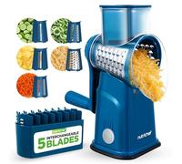 NutriChef Mandolina per Verdure 5 in 1 e Grattugia Formaggio per Cucina, Affetta Verdure con 5 Lame Intercambiabili, Manovella, Base a Ventosa e Contenitore, Accessori Cucina, Blu