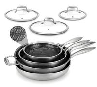 NutriChef Padella Antiaderente e Padella Acciaio Inox Set 7 pezzi, Triplo Strato, Antigraffio, Induzione, Forno e Lavastoviglie Sicura