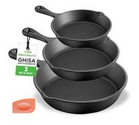 NutriChef Padella in Ghisa Pretrattate, 3 Pezzi, Padella Antiaderente con Beccuccio Laterale e Raschietto, Compatibili con Gas, Induzione ed Elettriche, Padella Ghisa per Carne, Uova e Verdura
