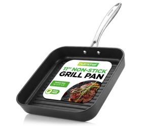 NutriChef Padella Grill Quadrata 28 cm Antiaderente Superficie Striata Alta, Alluminio Anodizzato, Compatibile Gas, Ceramica, Vetro e Alogena, Nero