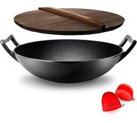 NutriChef Padella in Ghisa Pre-Stagionata da 5,5 Litri - Wok Antiaderente con Coperchio in Legno, per Piano Cottura Elettrico, Nero