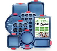 NutriChef Set 10 Teglie da Forno Antiaderente, Acciaio con Manici in Silicone, Vassoio per Pizza, Muffin da 12 e 24 Tazze, Teglie per Biscotti