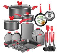 NutriChef Set 21 Pezzi di Pentole e Padelle Antiaderenti, Include Casseruole, Padelle, Teglie Forno Rotonde e Quadrate, Stampo per Muffin e Pane, Teglia per Pizza e Utensili in Silicone
