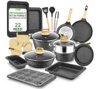 NutriChef Set 22 Pezzi in Marmo Nero Antiaderente con Pentole, Padelle, Teglie da Forno e Utensili Resistenti al Calore, per Cucina Professionale da Casa