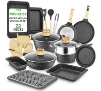 NutriChef Set 22 Pezzi in Marmo Nero Antiaderente con Pentole, Padelle, Teglie da Forno e Utensili Resistenti al Calore, per Cucina Professionale da Casa