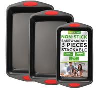 NutriChef Set 3 Pezzi Teglie Forno Antiaderenti in Acciaio al Carbonio con Manici in Silicone, Teglie da Forno Grandi, Medie, Piccole per Pizza, Pane, Dolci, Biscotti, Lasagna, Verdura, Torta, Nero